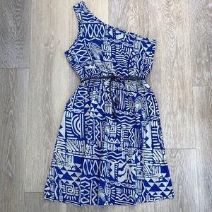 NWT Francesca’s Cobalt and Taupe One Shoulder Belted Mini Dress with Pockets M